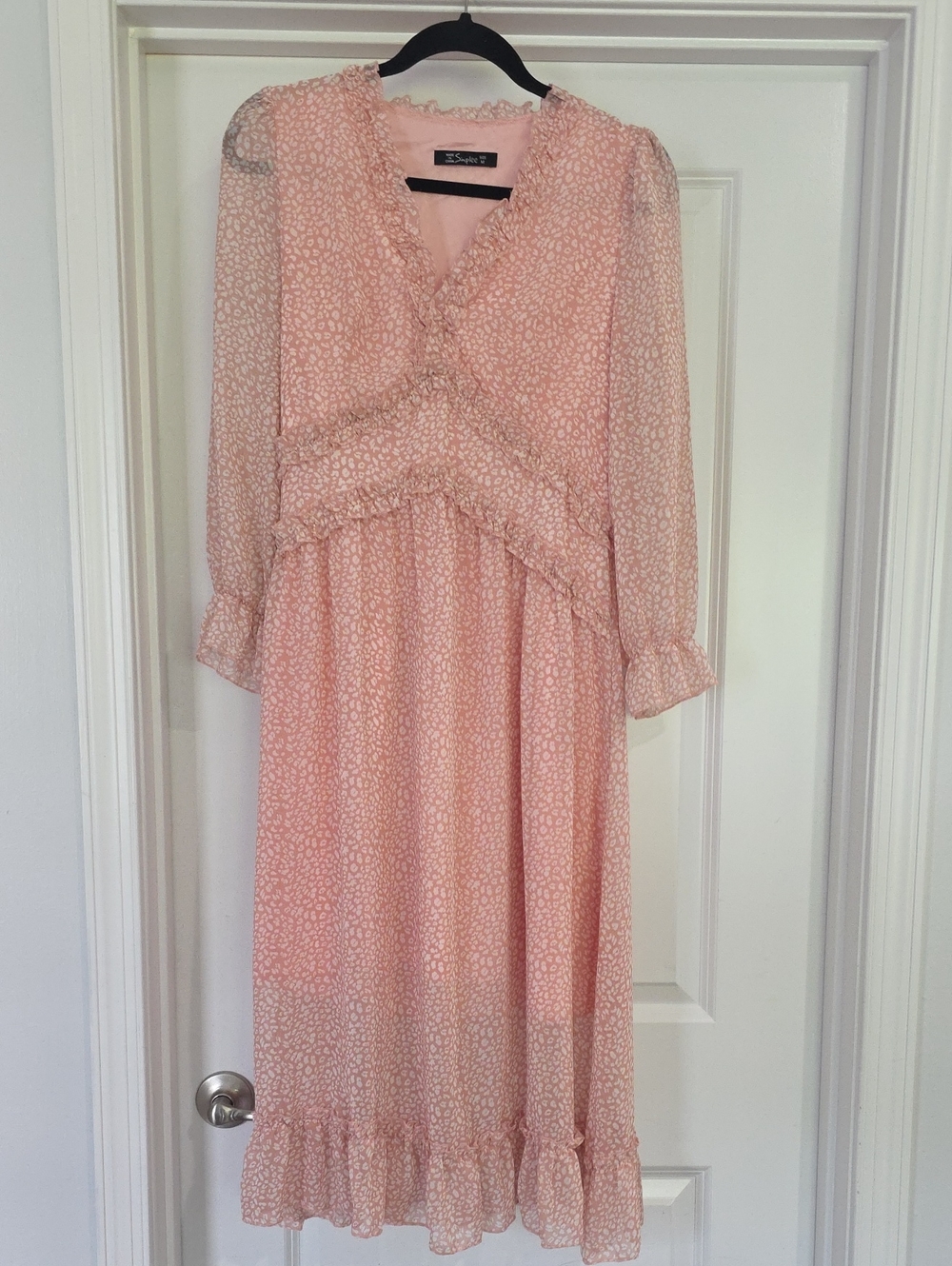Simple Blush Pink Printed Ruffle Midi Dress